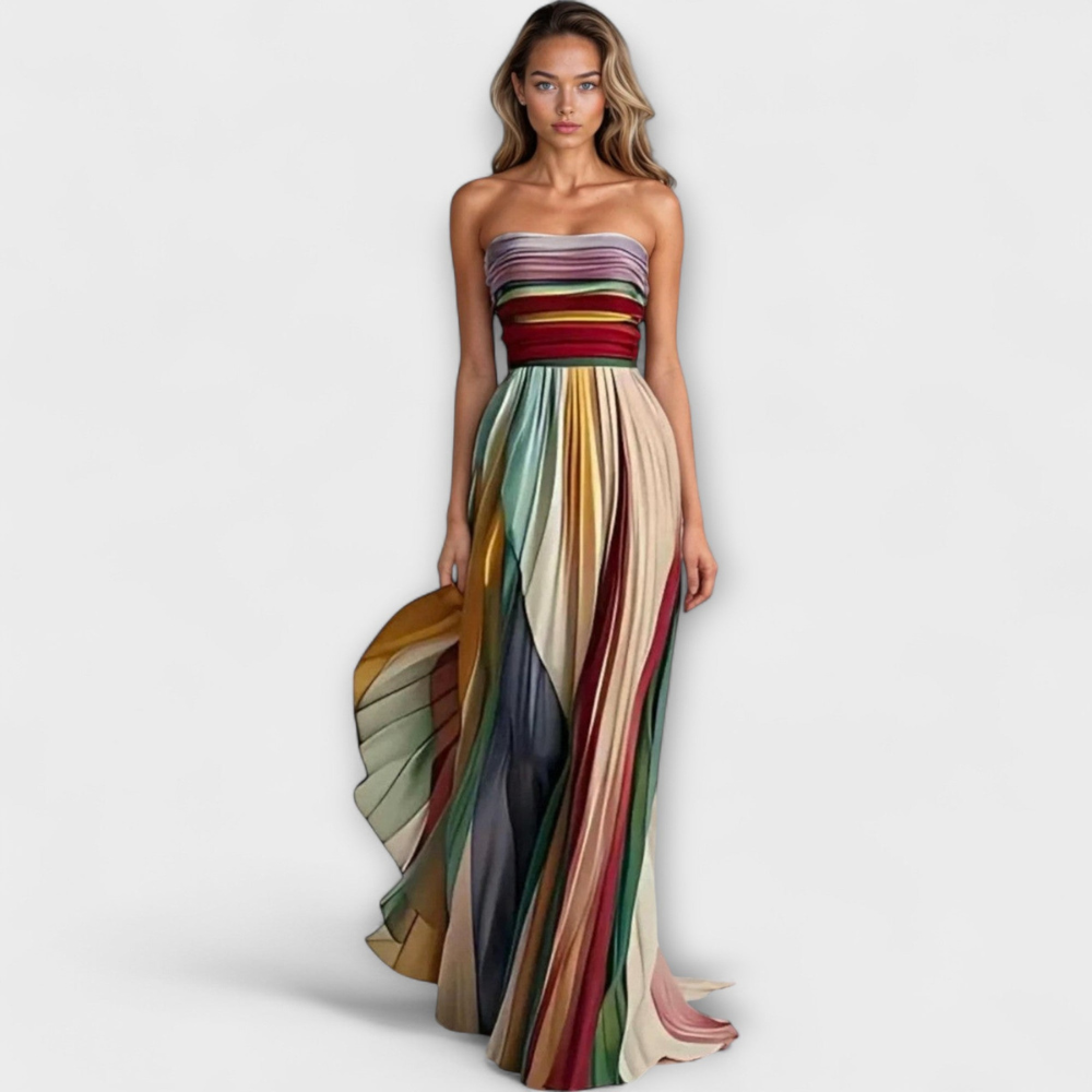 Kinga – Kolorowa, elegancka sukienka bez ramiączek