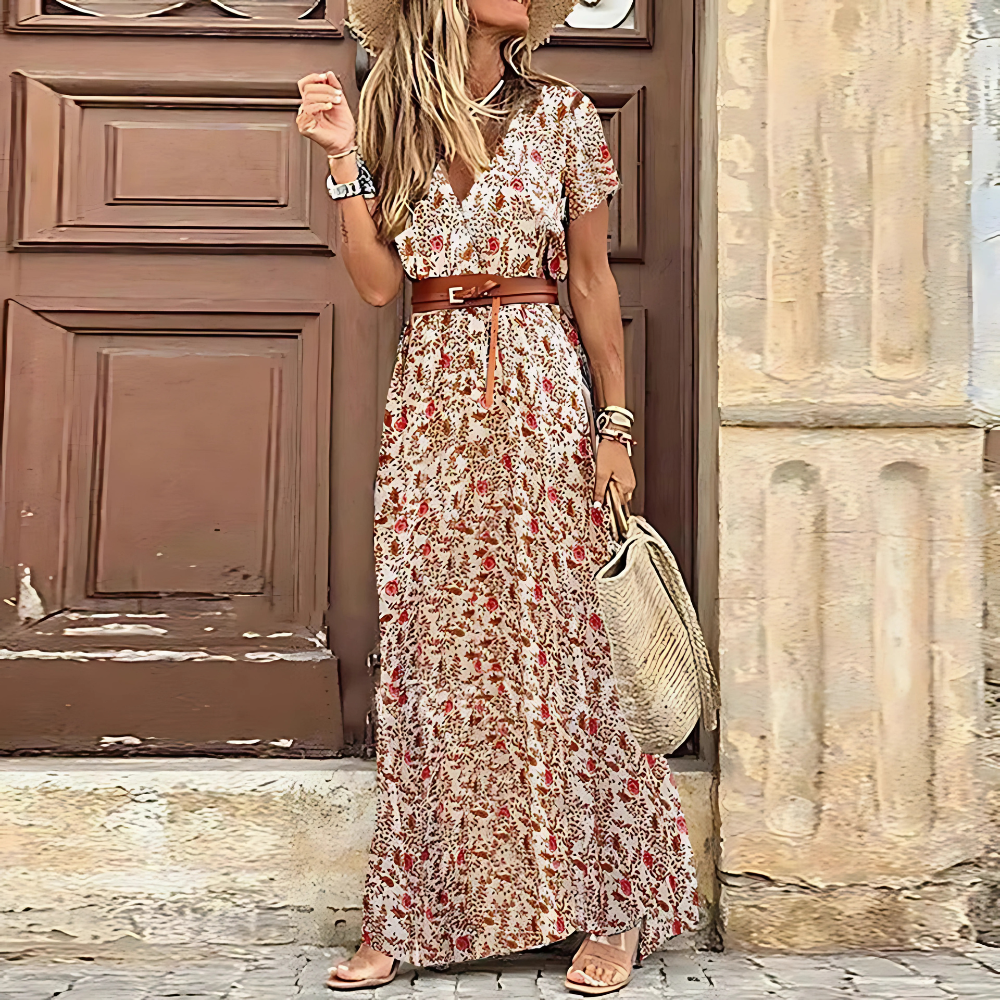 Teresa – Długa Sukienka Boho z Paskiem